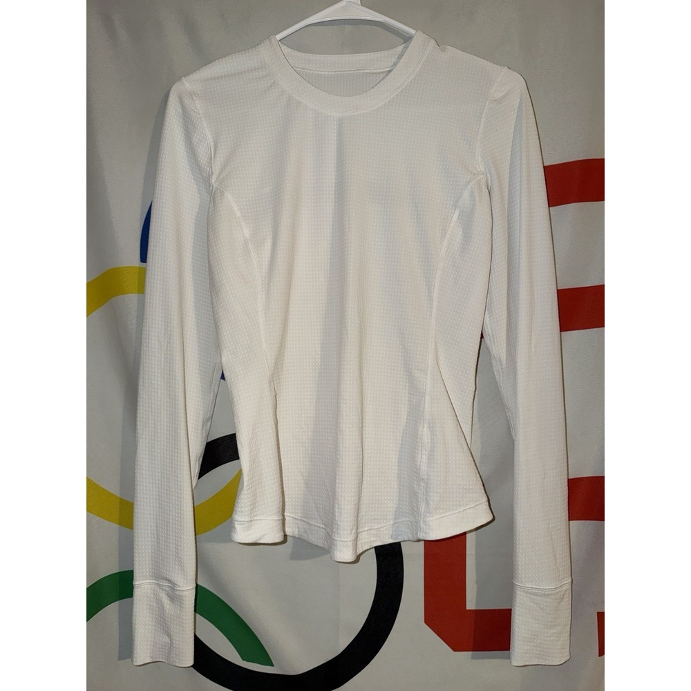 Lululemon Top Womens 6 White Long Sleeve Athletic Gym Running Grid Thumb Holes